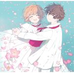  1boy 1girl brown_eyes brown_hair cardcaptor_sakura cherry_blossoms closed_eyes couple dancing dress flower hetero highres holding_hands kinomoto_sakura li_syaoran looking_at_viewer petals rii2a77ru shirt short_hair smile white_dress white_shirt 