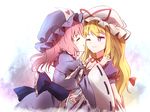  blonde_hair closed_eyes hand_on_another's_shoulder hat hat_ribbon heart heart_print holding_hands hug japanese_clothes kimono long_hair looking_at_another minust mob_cap multiple_girls obi one_eye_closed pink_hair puffy_short_sleeves puffy_sleeves purple_eyes ribbon ribbon-trimmed_sleeves ribbon_trim saigyouji_yuyuko sash short_hair short_sleeves sketch smile touhou triangular_headpiece wide_sleeves yakumo_yukari yuri 