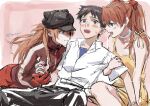  1boy 2girls absurdres animal_hat black_hair black_hat black_pants blue_eyes blush bodysuit bow brown_eyes brown_hair cat_hat choker dress evangelion:_3.0_you_can_(not)_redo fenegar hat highres holding_another&#039;s_arm human_tug_of_war ikari_shinji interface_headset jacket long_hair looking_at_another love_triangle multiple_girls neon_genesis_evangelion orange_hair pants pilot_suit plugsuit possessive rebuild_of_evangelion red_bodysuit rivalry shirt souryuu_asuka_langley white_shirt yellow_dress 