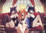  3girls animal_ears arm_between_legs babydoll bare_legs barefoot black_babydoll black_bra black_chemise black_hair black_jacket black_panties black_thighhighs blue_archive blush book book_stack bra breasts cake cake_slice cat_ears cat_tail couch egg_tart food halo hand_on_own_knee haori highres indoors jacket jacket_partially_removed japanese_clothes kazusa_(blue_archive) kikyou_(blue_archive) knee_up knees_up lingerie looking_at_viewer macaron mari_(blue_archive) medium_breasts mellow_(srpp4843) multicolored_hair multiple_girls multiple_tails on_couch orange_hair panties pink_hair shirt shirt_partially_removed signature sitting smile soles tail thighhighs tiered_tray toes two-tone_hair underwear white_shirt 