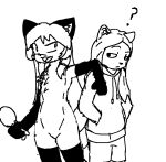 anthro arm_over_shoulder averi_(fiddleafox) canid canine clothing dipstick_tail duo female female_anthro fox fur gloves_(marking) hair holding_object leg_markings looking_at_another mammal markings monochrome simple_background socks_(marking) standing tail tail_markings unknown_artist unknown_character