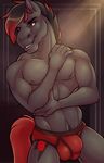  2017 5_fingers abs anthro biceps biped black_background black_hair blue_eyes briefs bulge clothed clothing cutie_mark digital_media_(artwork) equine eyebrows fcsimba front_view fur grey_fur grey_nipples hair hi_res horse humanoid_hands looking_at_viewer male mammal multicolored_hair muscular muscular_male my_little_pony nipples pecs pinup portrait pose red_bottomwear red_clothing red_hair red_tail red_underwear simple_background smile snout solo standing three-quarter_portrait topless two_tone_hair underwear 