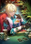 1boy absurdres armchair aventurine_(honkai:_star_rail) black_gloves black_jacket blonde_hair blue_eyes blue_shirt card chair cleavage_cutout clothing_cutout commentary_request cup drink drinking_glass gloves hair_between_eyes half_gloves heart_cutout highres holding holding_card holding_cup honkai:_star_rail honkai_(series) jacket jewelry long_sleeves looking_at_viewer male_focus on_chair poker_chip poker_table ring shirt smile solo table upper_body wang_man watch wristwatch 