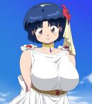  1girl arms_behind_back blue_hair blue_sky blush breasts flower hair_flower hair_ornament highres mage_(harumagedon) ranma_1/2 ranma_1/2_kessen_tougenkyou!_hanayome_wo_torimodose! red_flower short_hair sky smile solo tendou_akane variant_set 