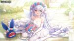  1girl blue_eyes blue_flower blush bouquet breasts bridal_veil bride brown_dust_2 bush butterfly_wings collar copyright_name crying crying_with_eyes_open detached_sleeves dress flower grey_hair head_wreath heterochromia high_heels highres holding holding_bouquet insect_wings long_hair looking_at_viewer misyune official_art official_wallpaper on_grass open_mouth pink_flower red_eyes refithea_(brown_dust) second-party_source sitting small_breasts solo star-shaped_pupils star_(symbol) stiletto_heels strapless strapless_dress symbol-shaped_pupils tears thighhighs twing_glutti veil very_long_hair wariza white_collar white_dress white_footwear white_sleeves white_thighhighs wings 