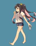  alcohol alternate_costume alternate_hairstyle asahi_breweries barefoot beer beer_can bespectacled black_hair blue_background brand_name_imitation brown_eyes can denim denim_shorts fang glasses hair_ribbon highres holding holding_can kantai_collection long_hair macbail multicolored_hair naganami_(kantai_collection) pink_hair pockets_visible ponytail purple-framed_eyewear ribbon semi-rimless_eyewear shirt short_shorts shorts simple_background solo t-shirt two-tone_hair under-rim_eyewear very_long_hair walking wavy_hair yellow_ribbon 