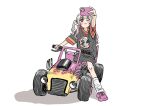  1girl :3 alternate_costume animal_print arm_up black_shirt blunt_bangs blush_stickers cellphone closed_mouth colored_inner_hair commentary_request driving full_body grey_hair holding holding_phone koze_niire leg_warmers long_hair long_shirt looking_up makaino_ririmu motor_vehicle multicolored_hair nijisanji one_eye_closed phone pink_footwear pink_hair print_shirt raccoon selfie shirt short_sleeves simple_background smartphone solo two_side_up v-shaped_eyebrows vehicle_request virtual_youtuber white_background 