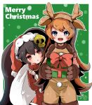  2girls animal_costume animal_ears antlers ashley_(warioware) black_hair blue_eyes fake_animal_ears gift gift_bag green_background hair_ornament herunia_kokuoji holding holding_gift horns merry_christmas mona_(warioware) multiple_girls open_mouth orange_hair reindeer_antlers reindeer_costume santa_costume simple_background skull_hair_ornament smile warioware 