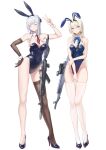  2girls absurdres ak-12 ak-12_(girls&#039;_frontline) an-94 an-94_(girls&#039;_frontline) animal_ears aqua_eyes assault_rifle black_footwear black_leotard blonde_hair blue_bow blue_bowtie blue_leotard bow bowtie breasts chinese_commentary cleavage closed_eyes closed_mouth detached_collar elbow_gloves fake_animal_ears full_body girls&#039;_frontline gloves gun high_heels highleg highleg_leotard highres kalashnikov_rifle leotard long_hair looking_at_viewer lord-erica multiple_girls necktie playboy_bunny rabbit_ears red_necktie rifle shoes short_necktie sidelocks simple_background single_glove single_thighhigh thighhighs weapon white_background white_hair white_thighhighs wrist_cuffs 