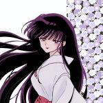  1girl black_eyes black_hair blunt_bangs breasts closed_mouth floral_background hakama highres inuyasha japanese_clothes kikyou_(inuyasha) light_blush long_hair long_sleeves medium_breasts miko normal_cp_accou pale_skin red_hakama shirt sidelocks solo straight_hair upper_body white_background white_shirt 