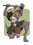  2024 absurd_res anklet anthro areola arm_outstretched armpit_tuft bent_arm biped border brown_areola brown_body brown_fur canid canine canis cape claws clothed clothing far_beyond_the_world_(series) fur green_cape green_clothing green_eyes grey_body grey_fur head_tuft hi_res jewelry kneeling letsudraw looking_at_viewer male mammal melee_weapon midriff multicolored_body multicolored_fur muscular muscular_anthro muscular_male neck_tuft nipples partially_clothed pawpads paws ranok_(far_beyond_the_world) reaching_towards_viewer smile solo sword teeth tiptoes tuft two_tone_body two_tone_fur weapon white_border wolf wristband 