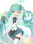  armpits detached_sleeves hatsune_miku highres long_hair magical_mirai_(vocaloid) microphone one_eye_closed open_mouth romung skirt solo thighhighs twintails very_long_hair vocaloid 