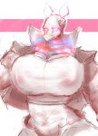  2022 absurd_res anthro big_breasts bottomwear breasts canid canine clothing cyber_(themercart) cybernetics digital_drawing_(artwork) digital_media_(artwork) female front_view glowing glowing_eyes half-length_portrait hi_res huge_breasts jacket machine mammal midriff nipple_outline portrait robot_anthro simple_background solo themercart topwear white_background 