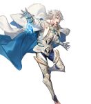  1boy armor attack barefoot blue_cape blue_pants cape corrin_(fire_emblem) corrin_(male)_(hoshido_noble)_(fire_emblem) dragonstone fire_emblem fire_emblem_fates fire_emblem_heroes gauntlets grey_hair highres non-web_source official_alternate_costume official_art open_mouth pants pointy_ears red_eyes rope shimenawa solo v-shaped_eyebrows white_armor white_cape 
