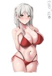  1girl bikini blush breasts brown_eyes cleavage collarbone conte_di_cavour_(kancolle) cowboy_shot grey_hair highres kantai_collection large_breasts long_hair looking_at_viewer red_bikini simple_background solo swimsuit tf_cafe twitter_username two_side_up white_background 