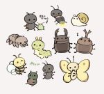  :&lt; :3 animal_focus ant ayu_(mog) bee black_eyes bug caterpillar closed_mouth firefly full_body grey_background hercules_beetle ladybug larva moth musical_note no_humans open_mouth original simple_background smile snail solid_circle_eyes spider stag_beetle translation_request 