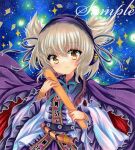 1girl belt blonde_hair blue_background bracelet brown_eyes cape closed_mouth earmuffs embellished_costume frilled_cape frills holding jewelry long_sleeves looking_at_viewer marker_(medium) pointy_hair purple_cape ribbon ritual_baton rui_(sugar3) sample_watermark shirt short_hair smile solo sparkle touhou toyosatomimi_no_miko traditional_media upper_body watermark white_shirt wide_sleeves 