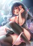  1girl :d absurdres amatsuji aroused black_hair black_shirt black_skirt black_thighhighs blunt_bangs blurry blurry_background blush breasts clothes_lift commentary_request depth_of_field eyelashes eyes_visible_through_hair feet_out_of_frame floating_hair hair_between_eyes hand_up highres inverted_nipples large_breasts lifting_own_clothes long_hair looking_at_viewer miniskirt naughty_face nipples nose_blush open_mouth original panties panty_pull partially_visible_vulva pink_panties presenting raised_eyebrows red_eyes school_uniform shirt short_sleeves sidelocks sitting skirt skirt_lift smile solo sweat teeth textless_version thighhighs thighs twitter_username underwear upper_teeth_only very_long_hair 