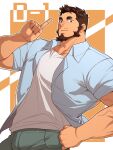  1boy bara beard closed_mouth collared_shirt facial_hair grey_pants highres large_pectorals looking_at_viewer male_focus muscular muscular_male official_art oji-mama_(skskdan) open_clothes open_shirt pants pectorals shirt short_hair simple_background sisimaru_hoshiura solo tank_top ttn_(239_239) white_tank_top 
