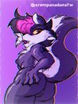  anthro breasts butt female fur genitals hair hand_on_butt highlights_(coloring) indigo_park mammal mephitid multicolored_body multicolored_fur nude presenting presenting_hindquarters purple_body purple_eyes pussy salem_the_skunk skunk solo sr_empanada two_tone_body two_tone_fur yellow_sclera 