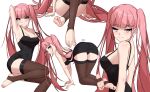  1girl absurdres all_fours arm_up armpits artist_name black_dress black_panties blunt_bangs blush breasts brown_thighhighs cleavage closed_mouth collarbone commentary dorsiflexion dress eyelashes feet fire_emblem fire_emblem:_three_houses foot_out_of_frame from_behind full_body highres hilda_valentine_goneril large_breasts legs long_hair looking_at_viewer looking_back no_shoes panties pink_eyes pink_hair short_dress sidelocks simple_background skindentation smile soles stirrup_legwear thighhighs thighs toeless_legwear toenails toes twintails underwear very_long_hair white_background x_xith_x 