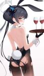  1girl absurdres alcohol animal_ears ass black_gloves black_hair black_leotard black_pantyhose blue_archive blurry blush breasts butterfly_hair_ornament closed_mouth cocokawa_(cjsj8353) cowboy_shot cup depth_of_field double_bun drinking_glass fake_animal_ears fake_tail from_behind gloves gradient_background grey_eyes grey_halo hair_bun hair_ornament halo highres holding holding_tray kisaki_(blue_archive) leotard long_hair looking_at_viewer looking_back pantyhose rabbit_ears rabbit_tail small_breasts solo strapless strapless_leotard tail torn_clothes torn_pantyhose tray twintails wine wine_glass wrist_cuffs 