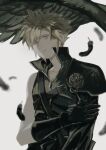  1boy arm_across_chest armor asymmetrical_sleeves black_feathers black_gloves black_vest blonde_hair blurry cloud_strife depth_of_field earrings elbow_gloves falling_feathers feathers final_fantasy final_fantasy_vii final_fantasy_vii_advent_children gloves grey_background high_collar highres jewelry keiseki1 male_focus muted_color parted_lips pauldrons sad sephiroth short_hair shoulder_armor shoulder_strap single_pauldron solo_focus spiked_hair standing stud_earrings upper_body vest 