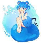  1girl animal_ears azurill blue_hair bubble dress personification pokemon riia0602 sitting sitting_on_own_tail sleeveless sleeveless_dress solo tail twintails 