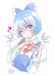  0002koko 1girl absurdres blue_bow blue_eyes blue_hair blush bow braid cirno commentary_request hair_between_eyes hair_bow hands_up head_tilt heart heart-shaped_pupils heart_hands highres juliet_sleeves long_sleeves looking_at_viewer one_eye_closed puckered_lips puffy_sleeves shirt short_hair signature simple_background sketch solo symbol-shaped_pupils touhou twin_braids upper_body white_background white_shirt 