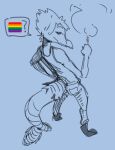  anthro bent_arm biped bottomwear buffysaintfury cigarette clothing dinosaur dromaeosaurid extinct eyebrows feathered_tail feathers footwear goodbye_volcano_high hair hi_res high-angle_view lgbt_pride looking_at_viewer male monochrome pants pockets prehistoric_species pride_colors question_mark raised_eyebrows reed_(gvh) reptile scalie shaded shirt shoes short_hair simple_background smoke smoking solo speech_bubble tail tank_top theropod topwear velociraptor 