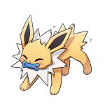  :3 animal_focus blush closed_eyes commentary_request full_body highres jolteon light_blush motion_lines mouth_hold no_humans pokemon pokemon_(creature) simple_background solo standing three_quarter_view tigerlover2625 toy white_background 