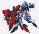  1980s_(style) anaheim_electronics artist_request battle char's_counterattack debris duel emblem gundam key_visual mecha mobile_suit no_humans nu_gundam official_art production_art promotional_art retro_artstyle robot roundel sazabi scan traditional_media vernier_thrusters zero_gravity 