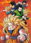  1990s_(style) 1girl 5boys absurdres black_eyes black_hair blonde_hair blue_eyes brothers child clenched_hand clenched_hands clenched_teeth closed_mouth dougi dragon_ball dragon_ball_z father_and_son gloves gradient_background great_saiyaman great_saiyaman_2 grin highres long_hair long_sleeves looking_at_viewer multiple_boys muscular muscular_male no_eyebrows non-web_source official_art pectoral_cleavage pectorals retro_artstyle saiyan scan serious short_hair siblings single_bang sleeveless smile son_gohan son_goku son_goten spiked_hair super_saiyan super_saiyan_1 super_saiyan_3 teeth trunks_(dragon_ball) vegeta very_long_hair videl white_gloves 
