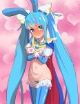  1girl absurdres animal_ears blue_eyes blue_hair blue_thighhighs blush breasts cape commentary_request commission covering_breasts covering_privates cure_sky detached_sleeves embarrassed fake_animal_ears frilled_thighhighs frills gloves heart_pasties highres hirogaru_sky!_precure long_hair looking_at_viewer meme_attire navel ogi_non pasties precure puffy_detached_sleeves puffy_sleeves rabbit_ears red_cape reverse_bunnysuit reverse_outfit skeb_commission small_breasts solo sora_harewataru sweat thighhighs twintails two-sided_cape two-sided_fabric very_long_hair 