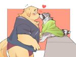  2024 anthro biped blush brown_body brown_fur canid canine canis clothing domestic_dog duo fur grey_body grey_fur heart_symbol hi_res inunoshippo kemono male mammal nose_kiss overweight overweight_male procyonid raccoon shirt sitting size_difference topwear underwear 