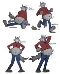  anthro belly canid canine canis chip_the_wolf cookie_crisp fangs fur grey_body grey_fur hi_res male mammal mindof navel overweight overweight_male simple_background solo tail tail_motion tailwag teeth wolf 
