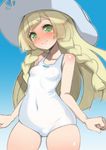  bangs bare_shoulders blonde_hair blue_background blunt_bangs blush braid breasts closed_mouth collarbone commentary_request covered_navel crying embarrassed green_eyes hat lillie_(pokemon) long_hair looking_at_viewer nada_haruka one-piece_swimsuit pokemon pokemon_(anime) pokemon_sm_(anime) simple_background small_breasts smile solo sun_hat swimsuit tears twin_braids wavy_mouth 