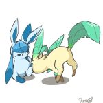  animal_focus artist_name blue_eyes blue_hair bright_pupils closed_mouth commentary_request from_behind glaceon leafeon looking_at_another nanikoreon no_humans pokemon pokemon_(creature) signature simple_background sweatdrop white_background white_pupils 