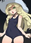  :o angry bangs bare_shoulders black_background blonde_hair blunt_bangs blush braid breasts collarbone covered_navel frown green_eyes half-closed_eyes hat lillie_(pokemon) long_hair looking_at_viewer nada_haruka one-piece_swimsuit open_mouth pokemon pokemon_(anime) pokemon_sm_(anime) simple_background small_breasts solo sun_hat swimsuit twin_braids v-shaped_eyebrows yandere 