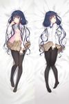  3000_xiao_chun absurdres adagaki_aki black_hair black_legwear blue_eyes blush breasts cleavage dakimakura full_body highres long_hair long_legs looking_at_viewer low_twintails lying masamune-kun_no_revenge multiple_views on_back open_clothes pantyhose plaid plaid_skirt school_uniform skirt small_breasts twintails 