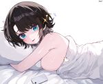  1girl aqua_eyes bed_sheet black_hair breasts cellphone commentary covering_privates earrings from_side hair_ornament hairclip heart highres hololive hugging_object jewelry kkato large_breasts looking_at_viewer lying naked_sheet nude_cover on_bed on_stomach oozora_subaru open_mouth phone pillow pillow_hug short_hair sideboob signature simple_background smartphone solo star_(symbol) star_hair_ornament subaru_duck swept_bangs symbol-only_commentary under_covers virtual_youtuber white_background 