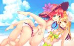  bare_legs barefoot beach bikini blonde_hair bow breasts choker cleavage cloud day flower flower_knight_girl frills green_bow green_eyes hair_flower hair_ornament hat hat_flower houzuki_michiru large_breasts long_hair looking_at_viewer multiple_girls orange_eyes outdoors red_hair saffron_(flower_knight_girl) shiny shiny_skin short_hair sky smile suiren_(flower_knight_girl) summer sun_hat swimsuit white_bikini white_choker yellow_bow 