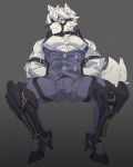 2024 anthro belt canid canine canis clothing cybernetic_leg cybernetic_limb hands_behind_back hi_res looking_at_viewer male mammal mihoyo muscular muscular_anthro raised_leg red_eyes shirt solo topwear vest von_lycaon wolf yume_mitaatode zenless_zone_zero
