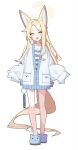  1girl absurdly_long_hair alternate_costume animal_ear_fluff animal_ears animal_on_shoulder bare_legs bird bird_on_shoulder blonde_hair blue_archive bow bright_pupils collarbone diamond-shaped_pupils diamond_(shape) extra_ears flower forehead fox_ears full_body gradient_eyes hair_bow hair_flower hair_ornament halo hashtag-only_commentary head_tilt highres legs long-tailed_tit long_hair long_sleeves multicolored_eyes open_mouth orange_eyes pajamas parted_bangs seia_(blue_archive) sleeves_past_fingers sleeves_past_wrists slippers smile solo standing straight-on suimz symbol-shaped_pupils teeth tit_(bird) upper_teeth_only very_long_hair white_bow white_flower white_pupils yellow_eyes 