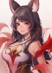 1girl ahri_(league_of_legends) animal_ears black_hair breasts cleavage closed_mouth facial_mark fox_ears fox_tail hair_between_eyes highres league_of_legends long_hair looking_at_viewer momoirone official_alternate_costume official_alternate_hairstyle red_eyes risen_legend_ahri sidelocks simple_background smile solo tail upper_body whisker_markings 