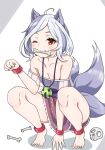  1girl :3 ahoge animal_ears bare_legs bare_shoulders barefoot bone breasts cleavage collarbone commentary_request cuffs dog_ears dog_tail fang frilled_skirt frills full_body grey_hair highres jewelry miniskirt mitsugashira_enoko multiple_tails nagyiiie necklace off-shoulder_shirt off_shoulder one_eye_closed paw_pose pink_skirt purple_shirt purple_skirt rainbow_gradient red_eyes shackles shirt short_hair short_sleeves skirt skull small_breasts solo squatting tail toenails toes touhou 