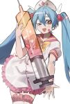  &gt;_&lt; 1girl :d bandaid bandaid_on_arm bandaid_on_face blue_hair bow bowtie brown_eyes commeowdore cowboy_shot dress fang hair_between_eyes hair_ornament hat hatsune_miku heart heart_hair_ornament highres holding holding_syringe large_syringe long_hair looking_at_viewer m@gical_cure!_love_shot!_(vocaloid) nurse nurse_cap one_eye_closed open_mouth oversized_object puffy_short_sleeves puffy_sleeves short_sleeves simple_background skin_fang smile solo sparkling_eyes standing syringe thighhighs vocaloid white_background white_dress wings yellow_bow yellow_bowtie 