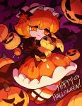  1girl bat_(animal) brown_footwear brown_jacket candy closed_mouth cookie_run dress food full_body hairband happy_halloween humanization jack-o'-lantern jacket juliet_sleeves lolita_hairband lollipop long_sleeves looking_at_viewer mary_janes muu_037 orange_dress orange_eyes orange_hair pantyhose puffy_sleeves pumpkin_pie_cookie shoes smile solo striped_clothes striped_pantyhose 