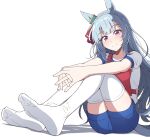  1girl animal_ears blue_hair blue_shorts blush braid closed_mouth commentary_request crown_braid ear_ornament feet gym_uniform horse_ears knees_up light_blue_hair long_hair looking_at_viewer mejiro_ardan_(umamusume) nel-c no_shoes on_ground original_race_uniform_(umamusume) own_hands_together puffy_short_sleeves puffy_sleeves purple_eyes race_bib shadow shirt short_sleeves shorts simple_background sitting smile soles solo thighhighs umamusume very_long_hair white_background white_shirt white_thighhighs 