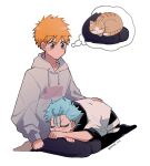  2boys arm_at_side black_pants bleach blue_hair blush_stickers brown_cat brown_eyes casual cat clenched_hand closed_eyes closed_mouth commentary_request facial_mark full_body grey_hoodie grimmjow_jaegerjaquez hair_between_eyes highres hood hood_down hoodie kurosaki_ichigo lap_pillow long_sleeves looking_at_another looking_down multiple_boys orange_hair pants petting puffy_long_sleeves puffy_sleeves seiza shirt short_hair simple_background sitting sleeves_past_wrists sleeves_rolled_up spiked_hair thought_bubble twitter_username v-shaped_eyebrows white_background white_shirt yanono_015 